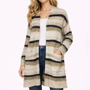 Wishlist Small Medium Striped Open-Front Cardigan Sweater Pockets Beige Brown